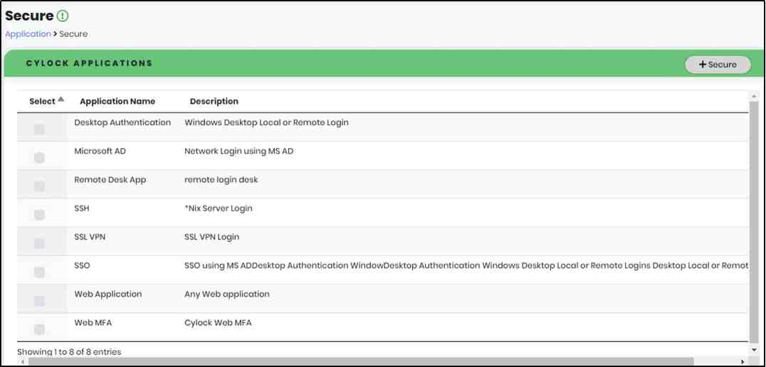 CyLock Applications List Screen - CyLock